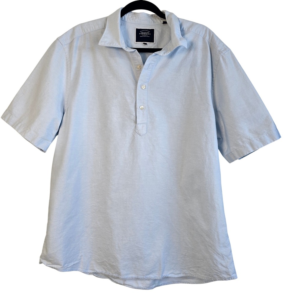 Charles Tyrwhitt Mens XL Light Blue Cotton Linen Short Sleeve Popover Shirt